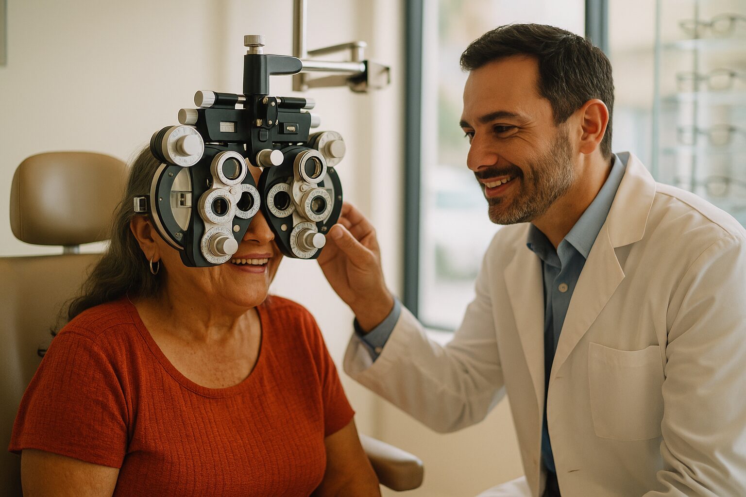 Adulto mayor en un examen de la vista (Medicare)